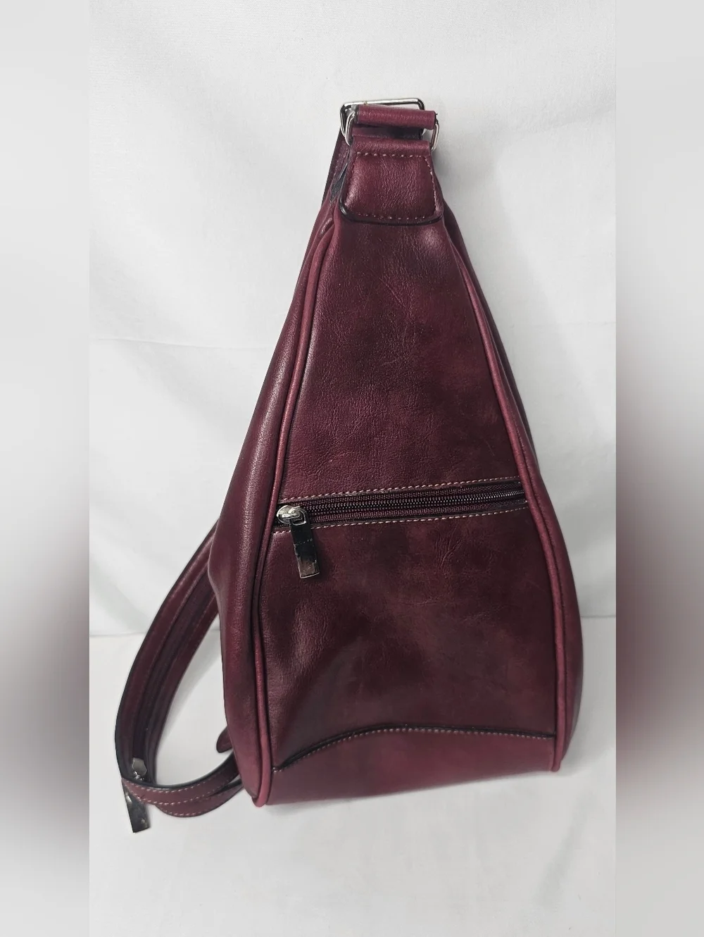 Rina Rich Burgundy Leather Teardrop Sling Backpack Convertible Zipper Strap Bag